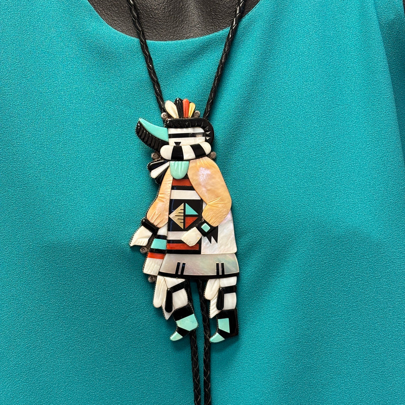 Andrew Dewa, Zuni Multi-Layer Inlay Dancer Bolo Tie with Carved Turquoise, Coral, Jet and Mother of Pearl, vintage Native American   (JF51)