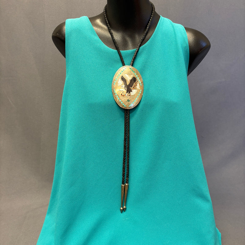 Zuni Inlay Bolo Tie with Bald Eagle Design, vintage Native American   (JF53)