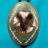 Zuni Inlay Bolo Tie with Bald Eagle Design, vintage Native American   (JF53)