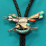 Zuni Inlay Roadrunner Design Bolo Tie with Matching Fancy Tips, vintage Native American   (JF55)
