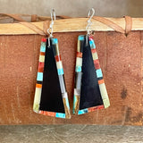 Santo Domingo Mosaic Dangle Jet earrings, Native American authentic (3/92)