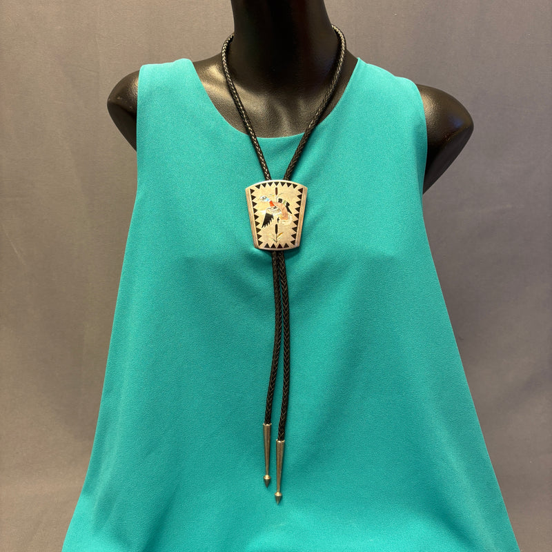 Dennis and Nancy Edaakie, Zuni Inlay Bolo Tie with Mallard Duck Design, vintage Native American   (JF56)