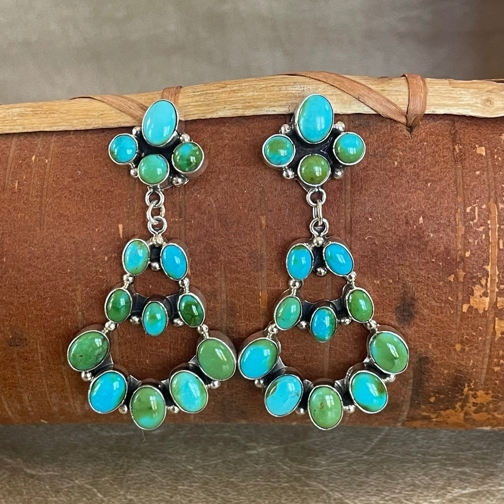 Multi stone turquoise statement chandelier Navajo earrings, Authentic Native American (3/82)