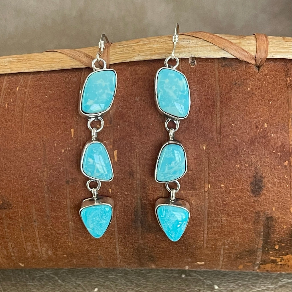Multi stone turquoise statement dangle Navajo earrings, Authentic Native American (3/84)