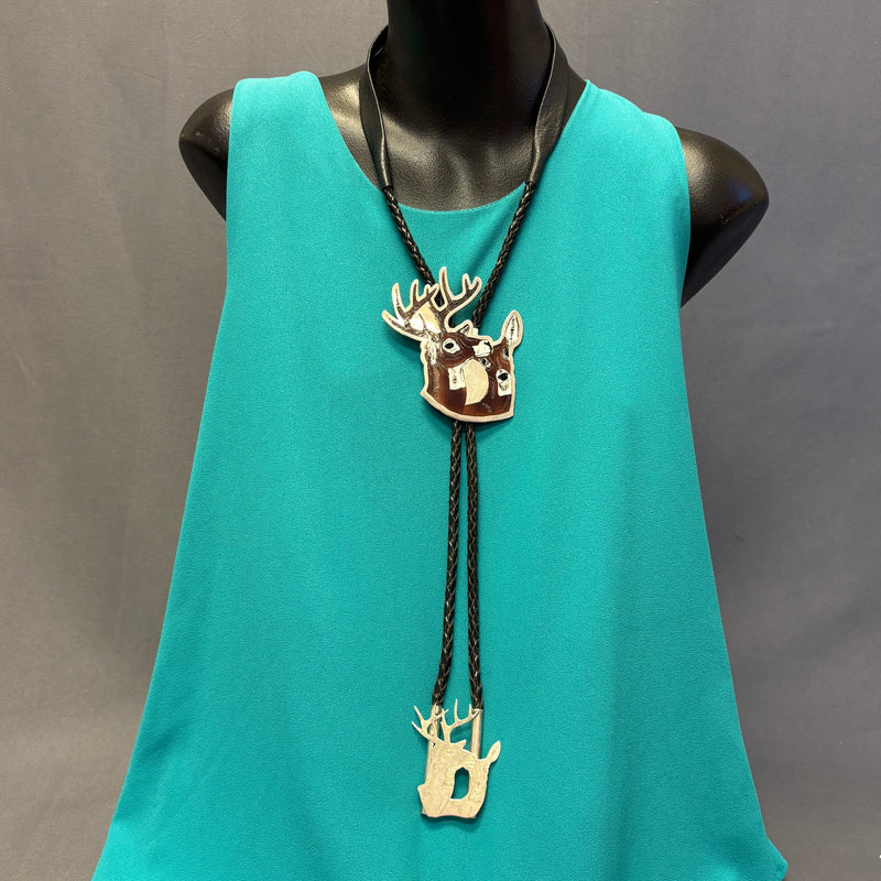 Dale Edaakie, Shell Zuni Inlay Bolo Tie w/ Buck and Doe Design, vintage Native American (JF72)
