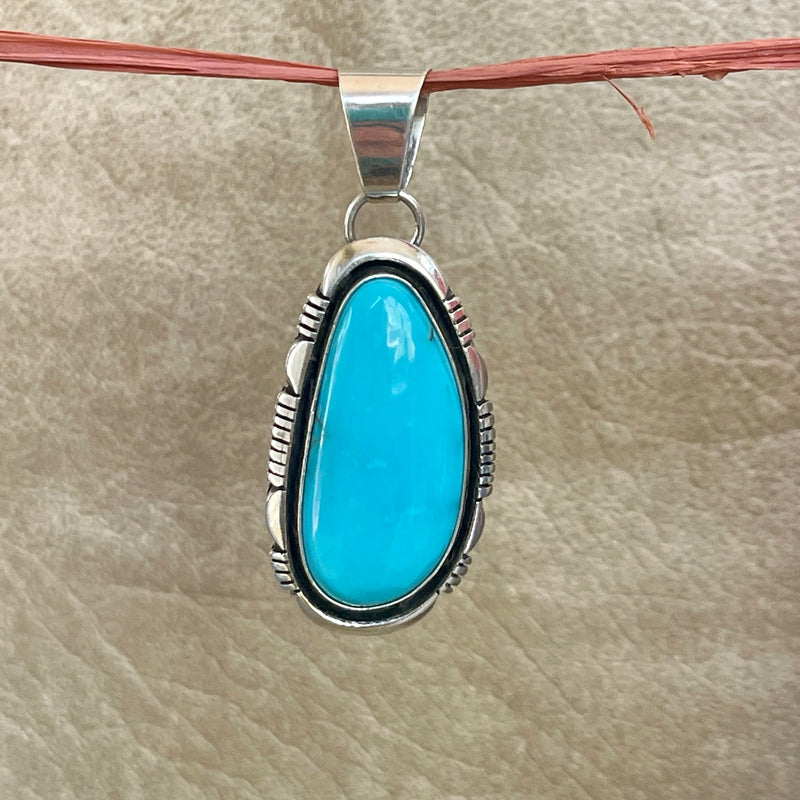 Blue turquoise teardrop Navajo pendant with carving frame, Authentic Native American (3/73)