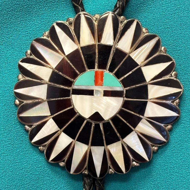 Zuni Inlay Sunface Bolo Tie with Matching Fancy Tips