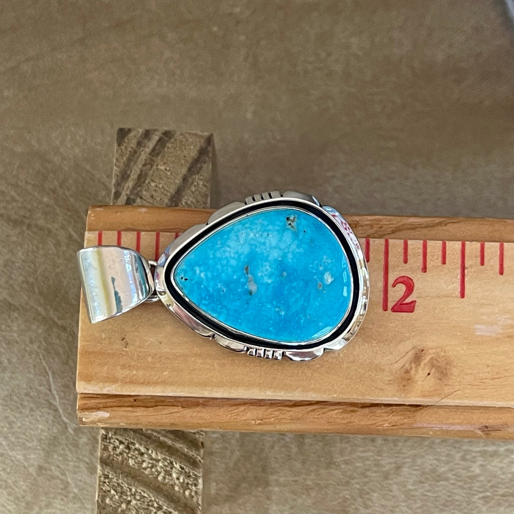 Blue turquoise teardrop Navajo pendant with carving frame, Authentic Native American (3/49)