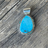 Blue turquoise teardrop Navajo pendant with carving frame, Authentic Native American (3/50)