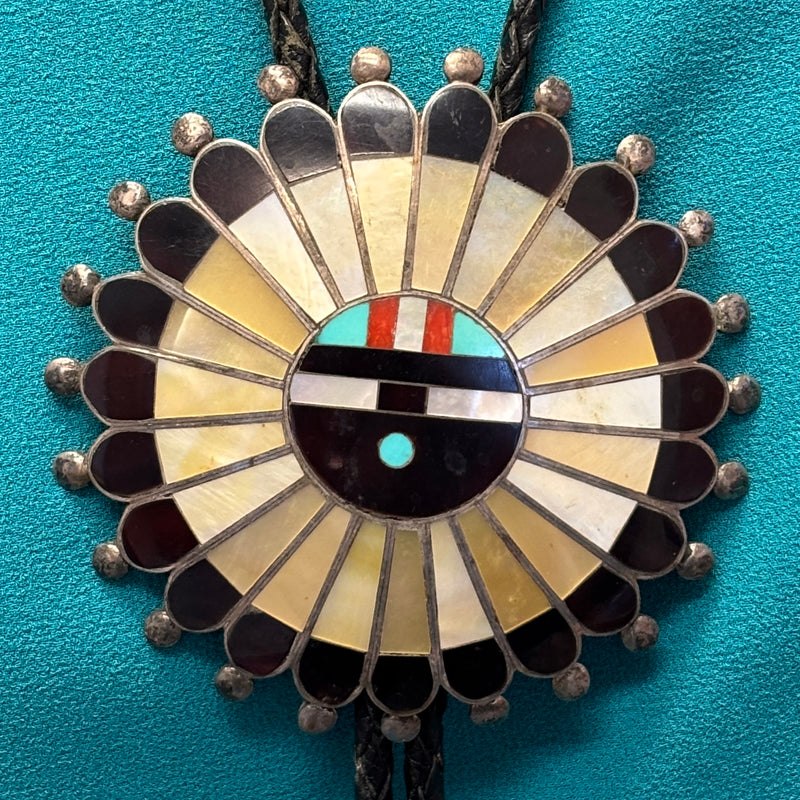 Zuni Inlay Sunface Bolo Tie with Matching Fancy Tips