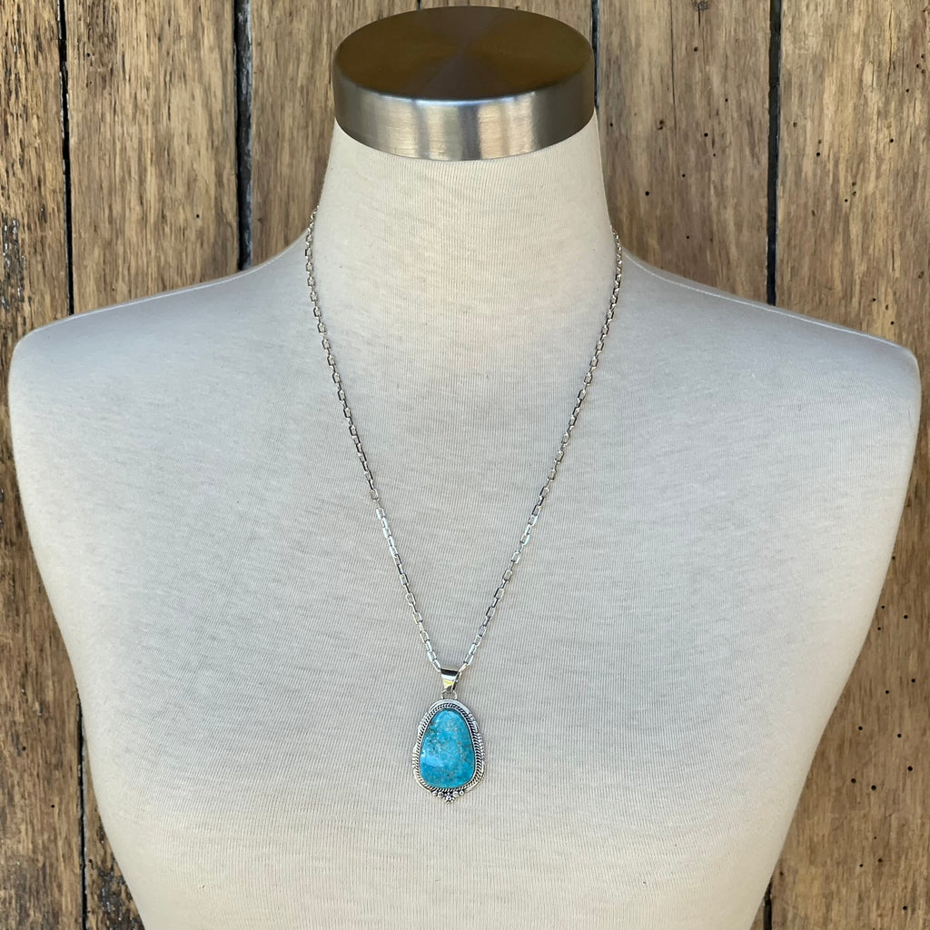 Blue turquoise teardrop Navajo pendant with carving frame, Authentic Native American (3/51)