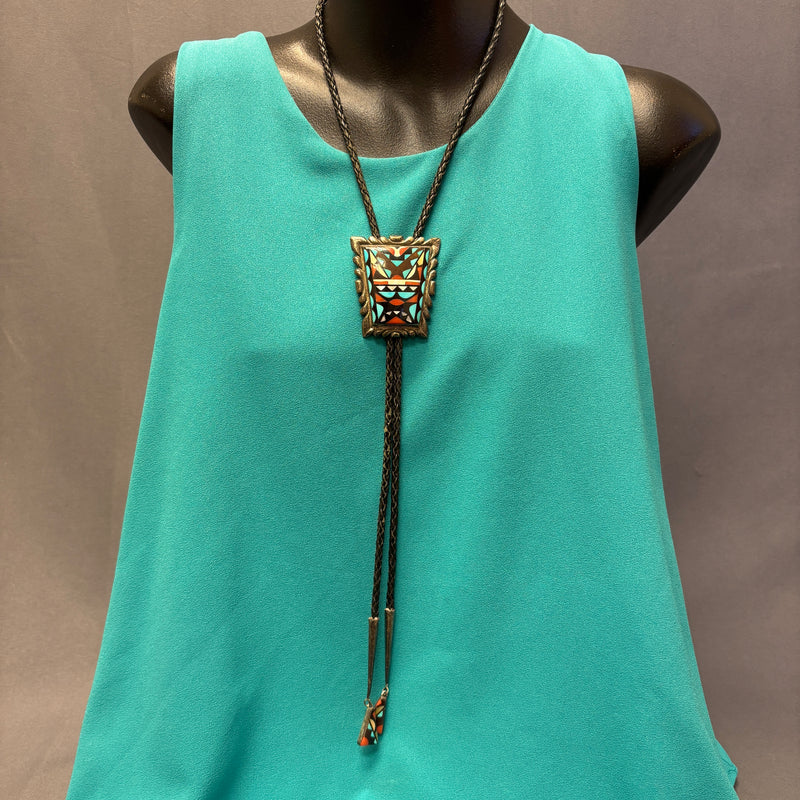 Wayne and Virginia Quam Vintage Zuni Inlay Bolo Tie with Geometric Design, authentic Native American   (JF77)