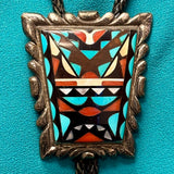 Wayne and Virginia Quam Vintage Zuni Inlay Bolo Tie with Geometric Design, authentic Native American   (JF77)