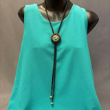 Andrew Dewa Zuni Inlay Sunface Bolo Tie with Carved Jet and Mother of Pearl Eagle Feather Design