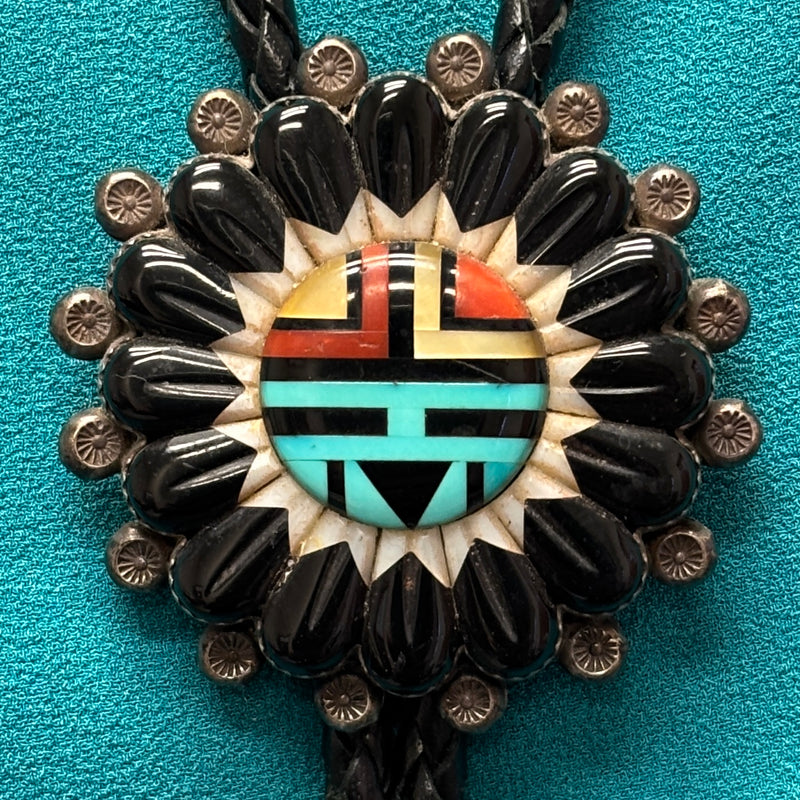 Andrew Dewa Zuni Inlay Sunface Bolo Tie with Carved Jet and Mother of Pearl Eagle Feather Design