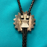 Andrew Dewa Zuni Inlay Sunface Bolo Tie with Carved Jet and Mother of Pearl Eagle Feather Design