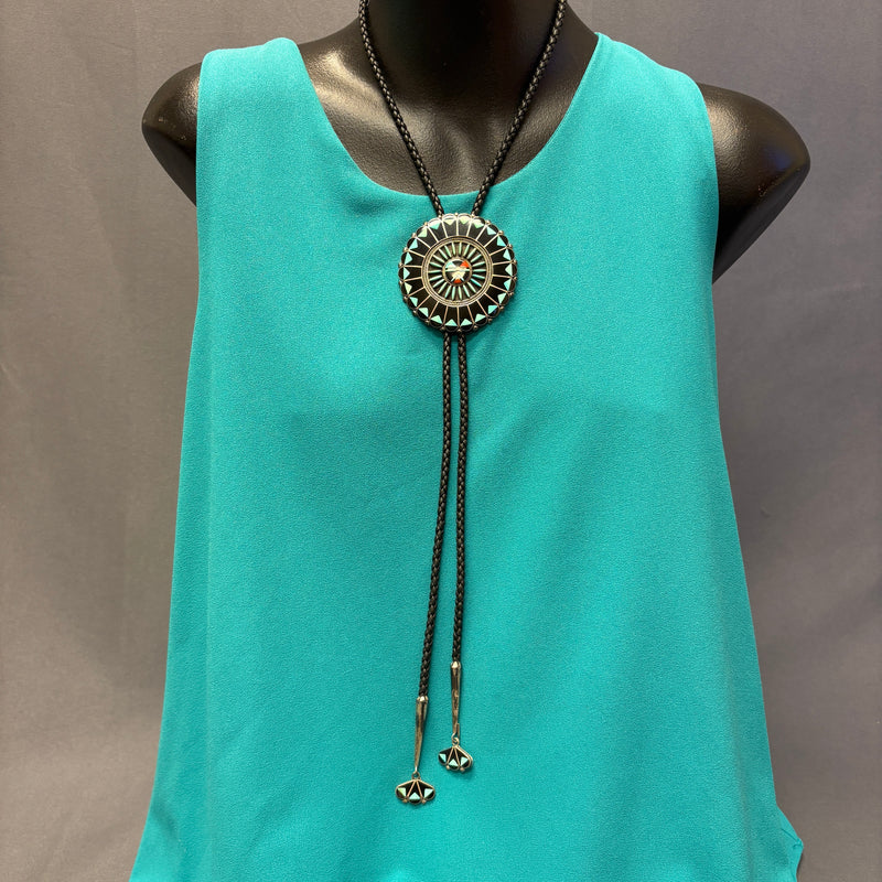 Benjamin and Shirley Tzuni, Zuni Inlay Sunface Bolo Tie with Needlepoint Design, vintage Native American