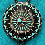 Benjamin and Shirley Tzuni, Zuni Inlay Sunface Bolo Tie with Needlepoint Design, vintage Native American
