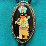 Beverly Etsate Zuni Inlay Apache Dancer Bolo Tie with Matching Inlaid Tips, vintage Native American   (JF81)
