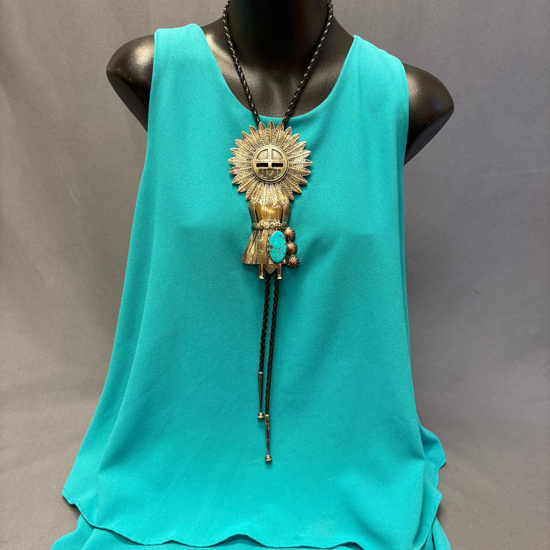Sculptural Navajo Sun Kachina Design Bolo Tie with Turquoise and Coral Stones, vintage Native American   (JF85)
