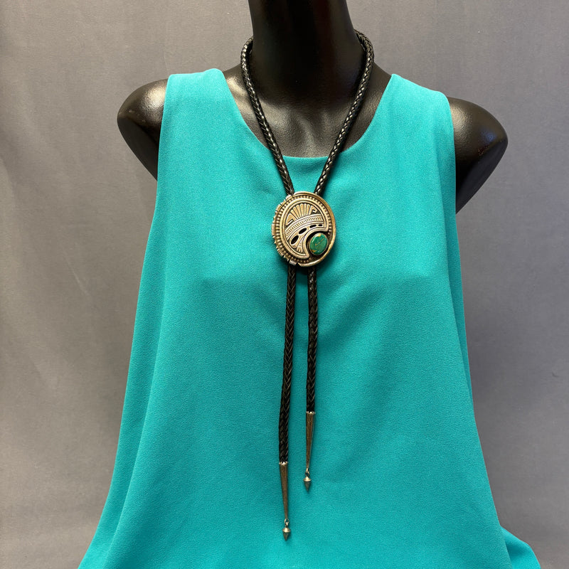 Norman Woody Vintage Navajo Sterling Silver Shadowbox Bolo Tie with Green Turquoise, authentic Native American   (JF87)