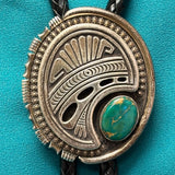 Norman Woody Vintage Navajo Sterling Silver Shadowbox Bolo Tie with Green Turquoise, authentic Native American   (JF87)