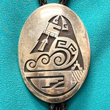 Sterling Silver Hopi Overlay Bolo Tie with Longhair Kachina Design, vintage Native American   (JF89)