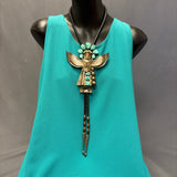 3D Navajo Eagle Kachina design bolo tie with 10 turquoise stones - Handmade and signed Basil