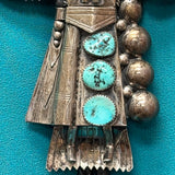 3D Navajo Eagle Kachina design bolo tie with 10 turquoise stones - Handmade and signed Basil