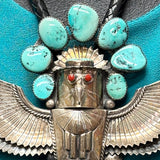3D Navajo Eagle Kachina design bolo tie with 10 turquoise stones - Handmade and signed Basil