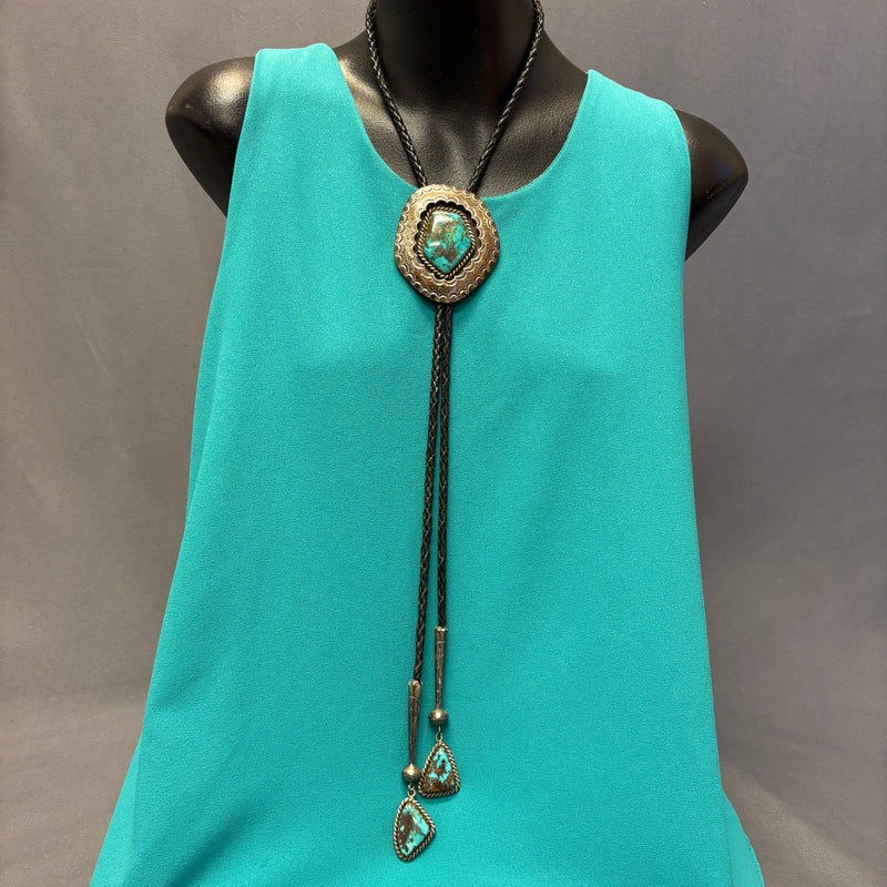 Mary Morgan Vintage Navajo Sterling Silver Shadowbox Bolo Tie with Large Turquoise Stone, authentic Native American   (JF102)