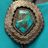 Mary Morgan Vintage Navajo Sterling Silver Shadowbox Bolo Tie with Large Turquoise Stone, authentic Native American   (JF102)
