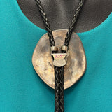 Mary Morgan Vintage Navajo Sterling Silver Shadowbox Bolo Tie with Large Turquoise Stone, authentic Native American   (JF102)