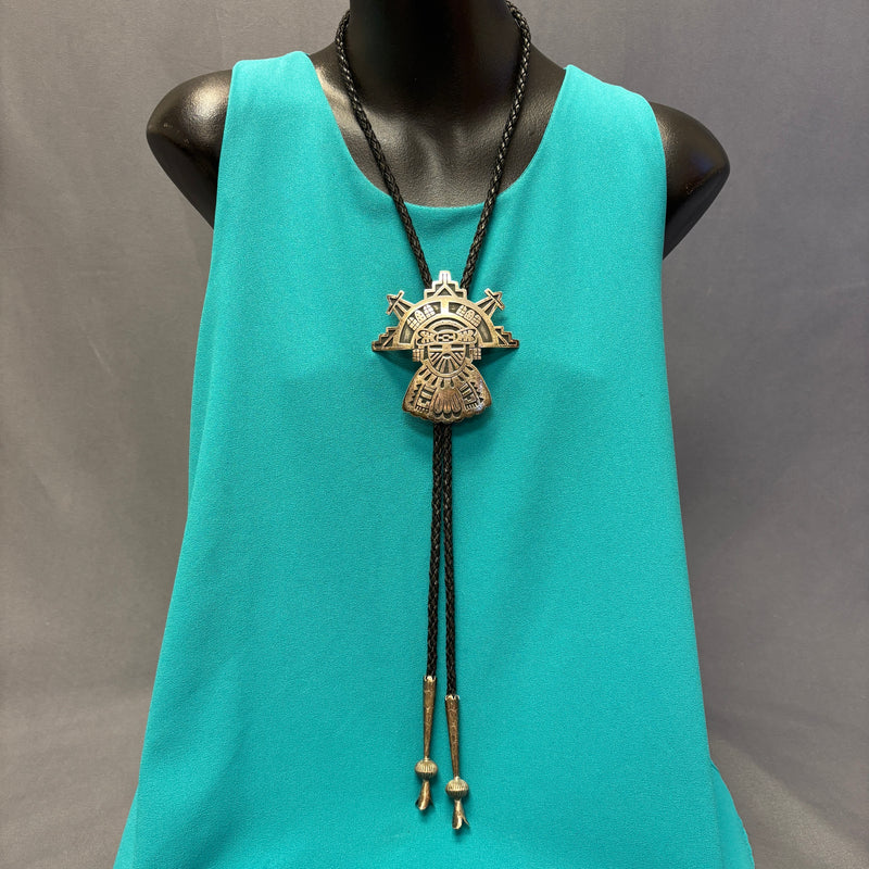 Manuel and Karen Hoyungwa Sterling Silver Hopi Overlay Bolo Tie with Butterfly Maiden, vintage authentic Native American  (JF106)
