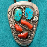 Effie Calavaza Vintage Zuni Turquoise and Coral Bolo Tie with Snake Design, authentic Native American   (JF108)