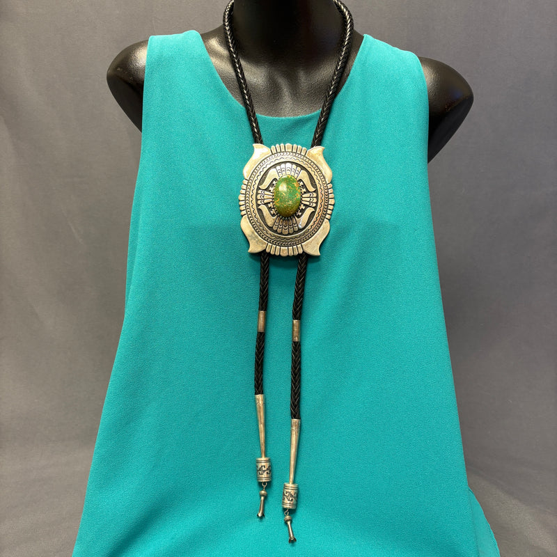 Tommy Singer Vintage Navajo Green Turquoise and Sterling Silver Bolo Tie, authentic Native American   (JF118)