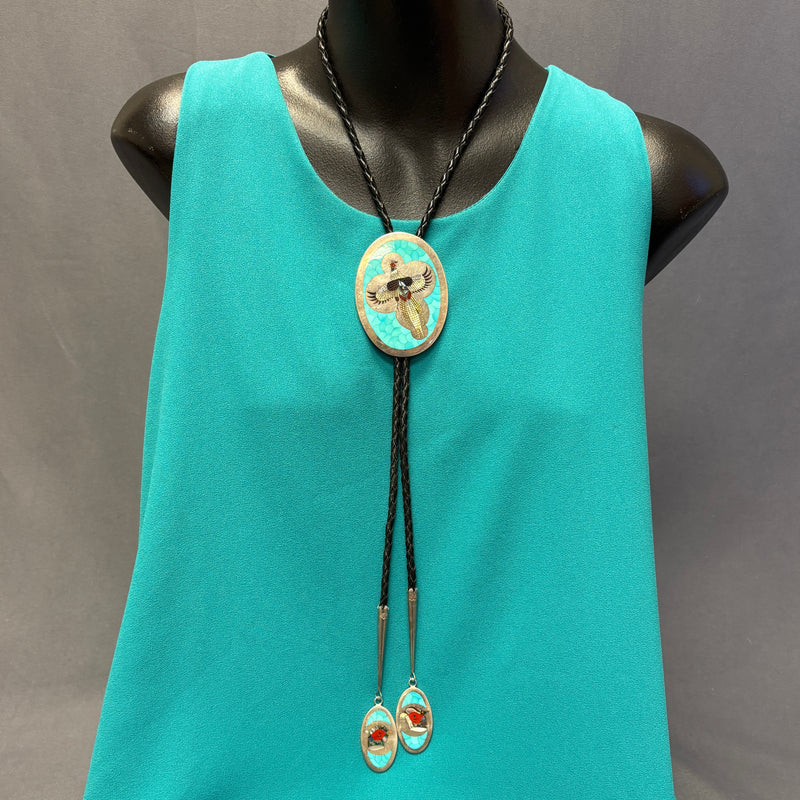 Albert and Dolly Banteah Zuni Mosaic Flush Inlay Oval Pheasant Design Bolo Tie, vintage  (JF120)