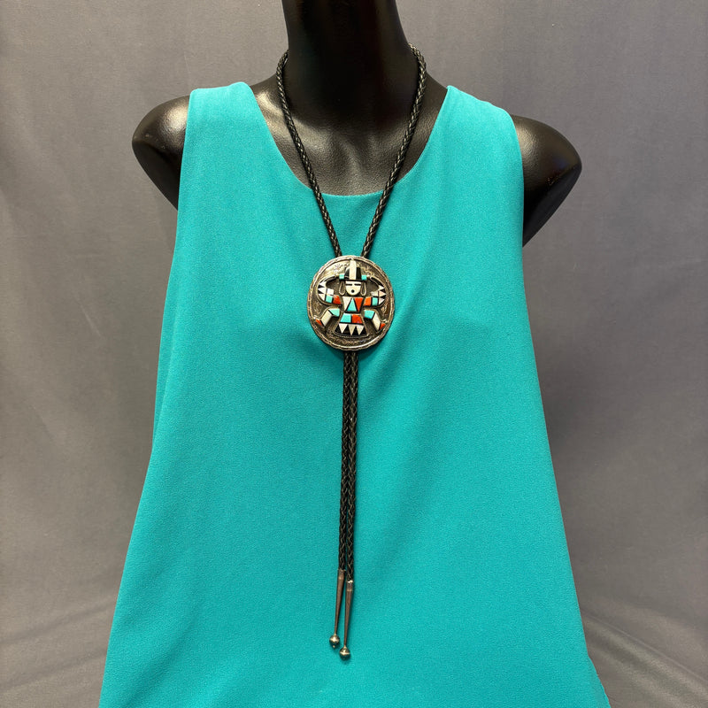 H. Spencer Vintage Navajo Inlay Celebration Man on Round Sterling Silver Bolo Tie, authentic Native American   (JF110)