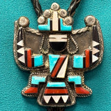 Ricky and Lucy Vacit Vintage Zuni Inlay Celebration Man on Sterling Silver Bolo Tie, authentic Native American   (JF111)