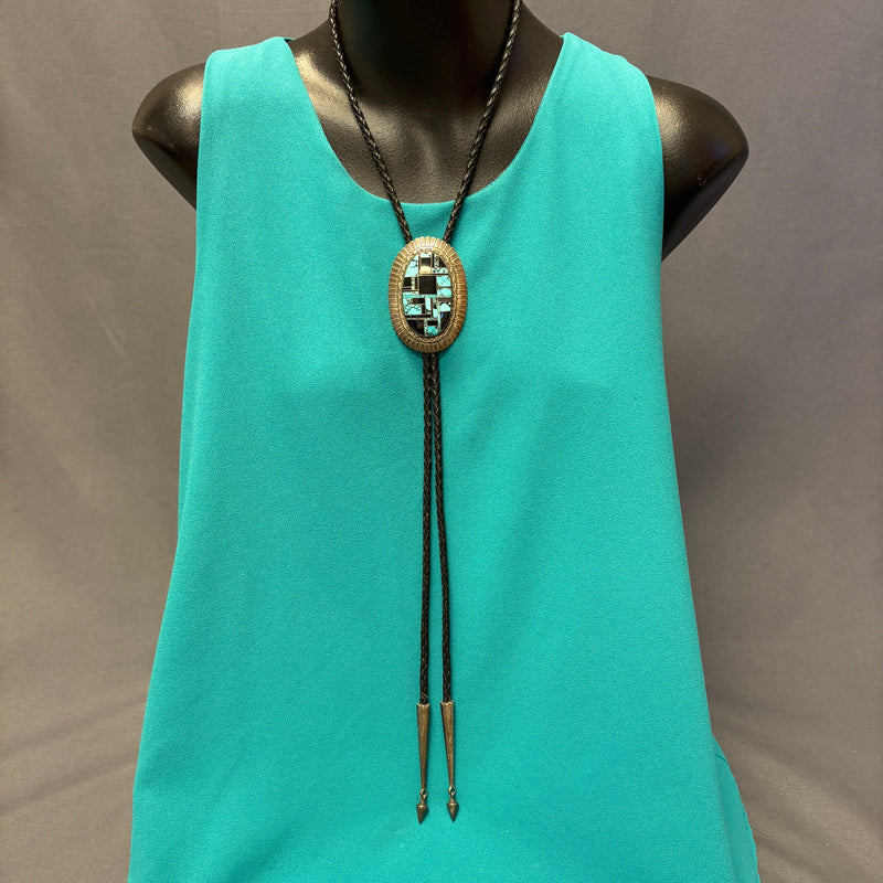 Vintage Navajo Turquoise and Black Jet Inlay Bolo Tie, authentic Native American   (JF112)