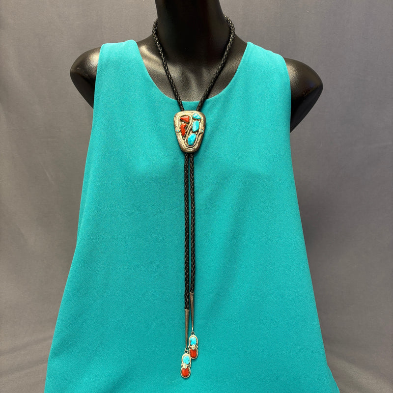 Effie Calavaza Vintage Zuni Turquoise and Coral Bolo Tie with Snake Design, authentic Native American   (JF113)