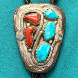 Effie Calavaza Vintage Zuni Turquoise and Coral Bolo Tie with Snake Design, authentic Native American   (JF113)