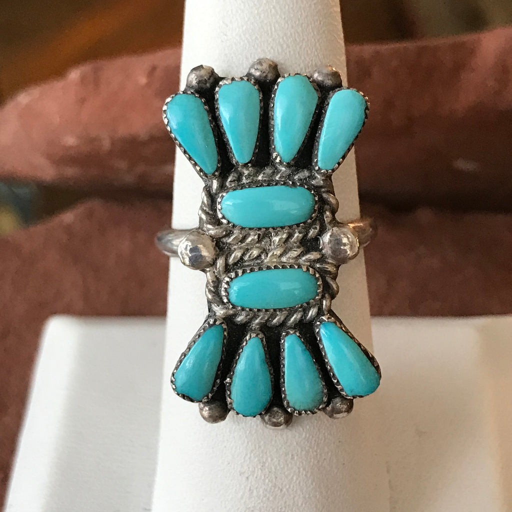 Zuni Traditional Needlepoint Design Vintage Sterling Silver and Turquoise Ring in size 6 1/2   (AS90)