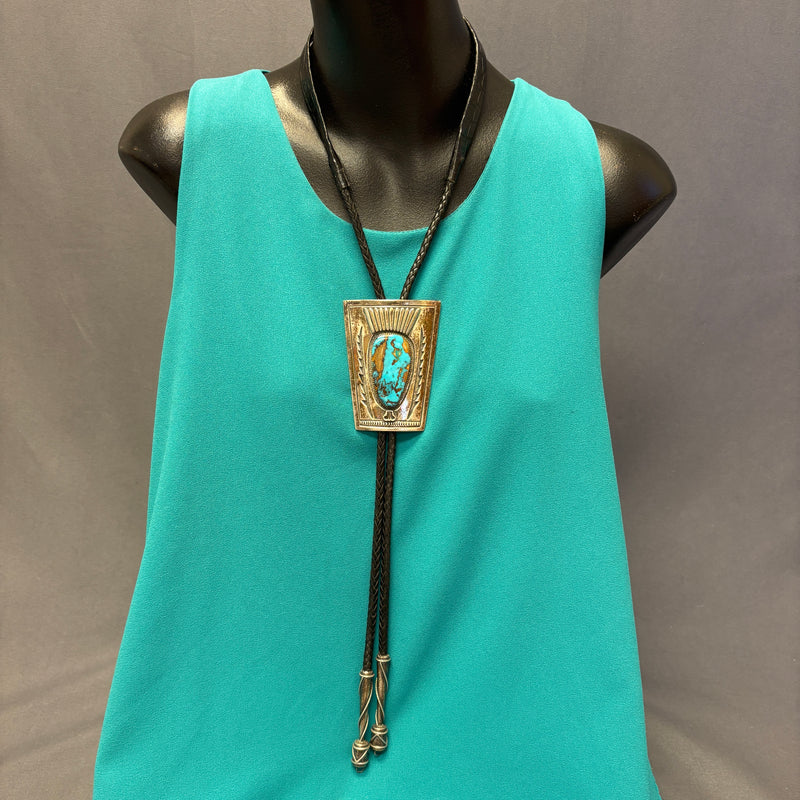 Vintage Navajo Turquoise and Sterling Silver Bolo Tie, authentic Native American   (JF115)