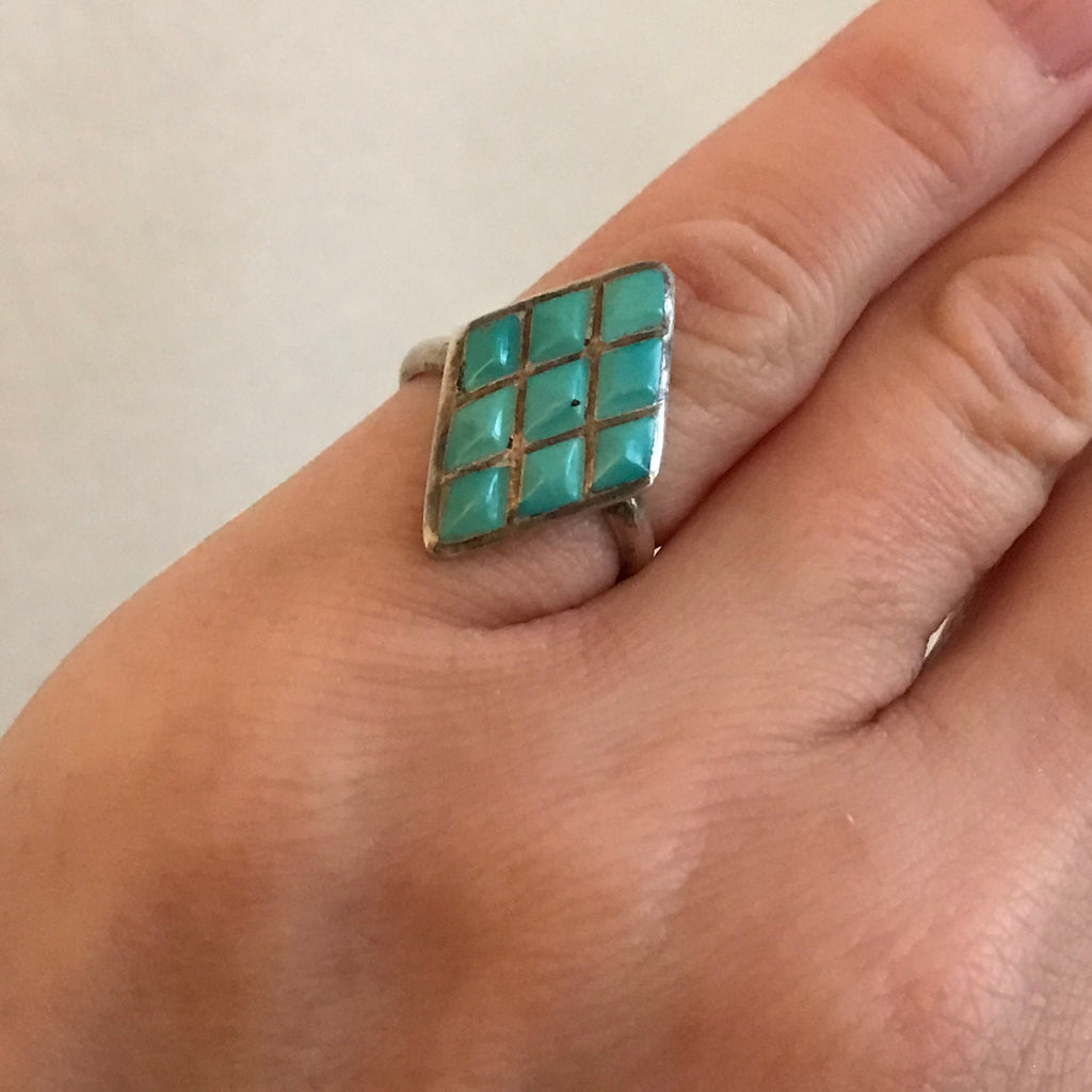 Zuni Inlay Sterling Silver Ring with Diamond-shaped Turquoise Stones-Vintage in multiple sizes   (AS203)