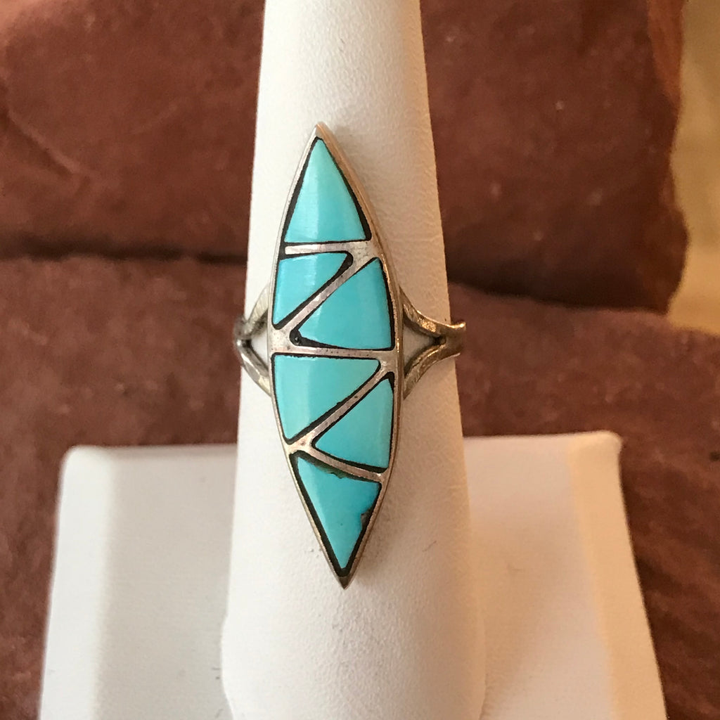 Zuni Inlay Sterling Silver Ring with Turquoise-Vintage in size 6   (AS201)