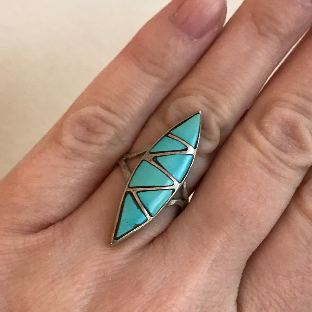Zuni Inlay Sterling Silver Ring with Turquoise-Vintage in multiple sizes   (AS201)