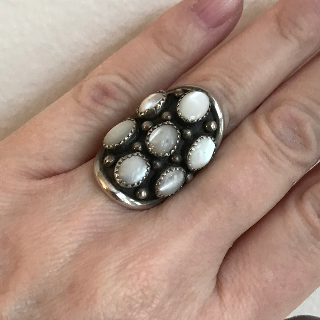 Zuni Native American Dome-shaped Sterling Silver Ring with Mother of Pearl Stones - Vintage, in multiple sizes  (AS178)