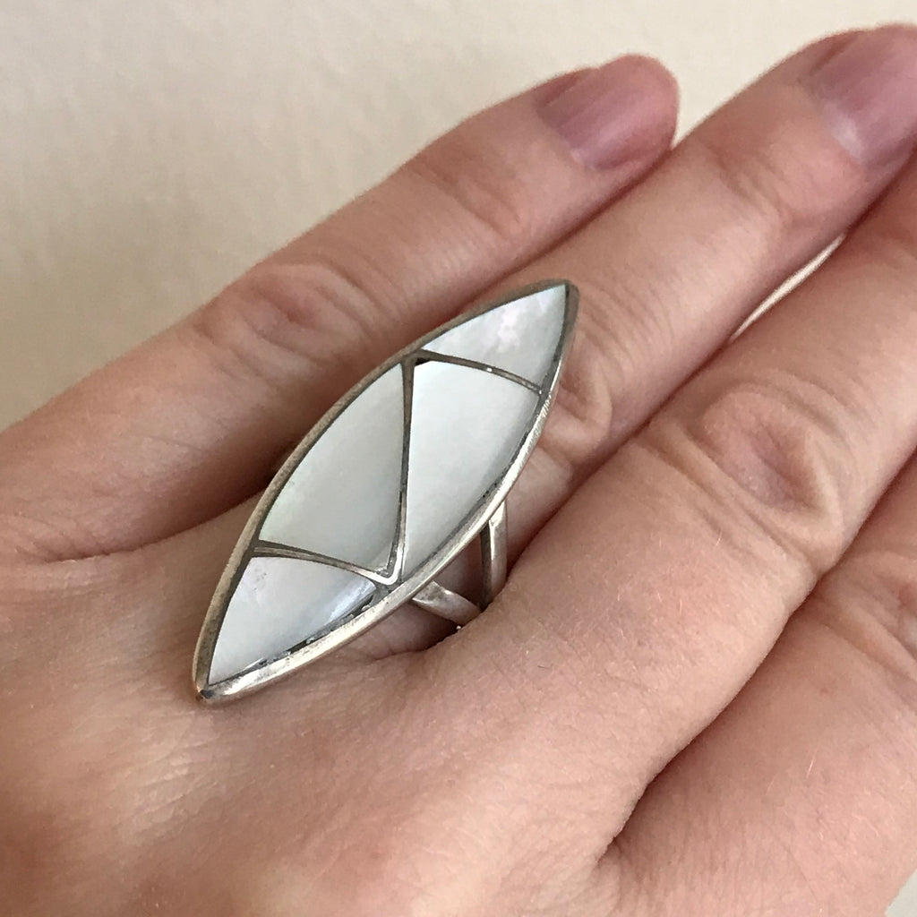 Zuni Inlay Sterling Silver Ring with Mother of Pearl-Vintage in multiple sizes   (AS193A)