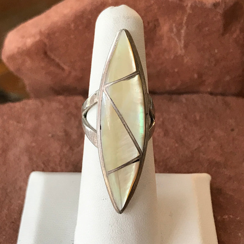 Zuni Inlay Sterling Silver Ring with Yellow Mother of Pearl-Vintage in size 5 1/2   (AS193B)